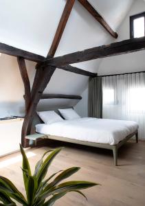 Un dormitorio con una cama blanca y una planta en The Greenhouse, en Amberes