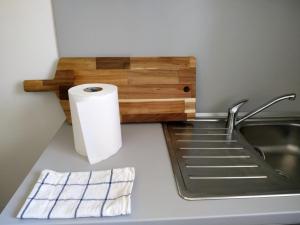 a kitchen counter with a sink and a roll of toilet paper at Bratislava design apartment in Bratislava