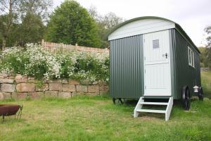 a green and white shed sitting in a field at Howe of Torbeg in Ballater