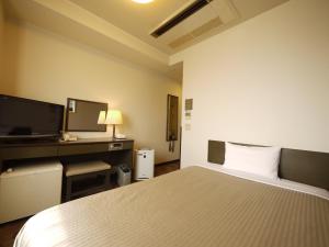 Schlafzimmer mit einem Bett, einem Schreibtisch und einem TV in der Unterkunft Hotel Route-Inn Court Yamanashi in Yamanashi