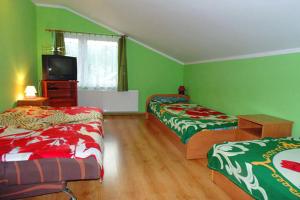 a green room with two beds and a television at Agroturystyka pod bocianim gniazdem in Górzanka