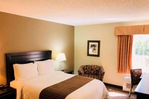 a hotel room with a bed and a chair at Econo Lodge in Okotoks