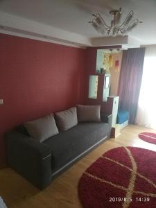 sala de estar con sofá y pared roja en Apartment on Danyla Galytskogo 8A, en Morshyn