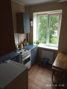Il comprend une petite cuisine avec une cuisinière et une fenêtre. dans l'établissement Apartment on Danyla Galytskogo 8A, à Morshin