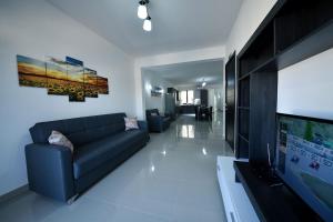 ein Wohnzimmer mit einem Sofa und einem Flachbild-TV in der Unterkunft Anici Crt Penthouse 4 - with private rooftop pool in Victoria