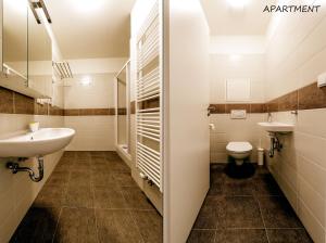 a bathroom with a sink, toilet and mirror at Hotel Otakar in Prague