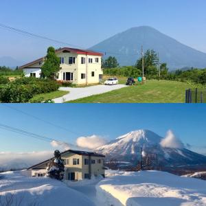 two pictures of a house and a mountain at RUSUTSU HOLIDAY CHALET in Rusutsu