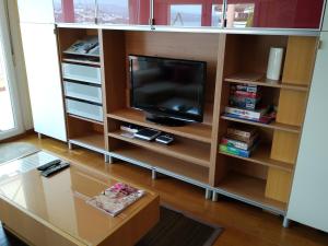 a living room with a tv on a book shelf at Mirador de la Ría in Ribadeo