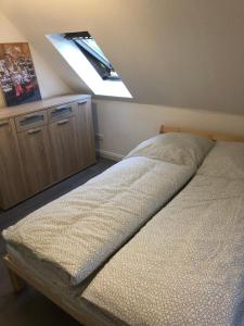ein Schlafzimmer mit einem Bett und einem Dachfenster in der Unterkunft Ganzes Haus zwischen Lübeck und Travemünde in Lübeck