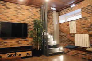 a brick wall with a flat screen tv and a plant at хостел Hi Loft in Omsk
