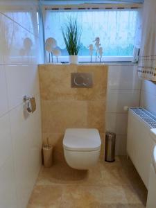 a bathroom with a toilet and a window with plants at Ferienwohnung im Rottal in Oberrot +15 photos