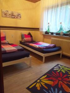 twee bedden in een kamer met een raam bij Ferienwohnung im Rottal in Oberrot