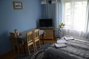 1 dormitorio con mesa, cama y escritorio en Pokoje Gościnne Szuber, en Iwonicz-Zdrój