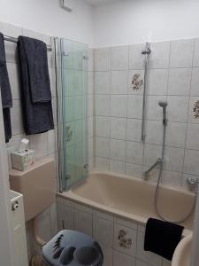 a bathroom with a shower and a tub and a toilet at Apartment Alt-Refrath in Bergisch Gladbach +12 photos
