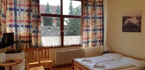 1 dormitorio con 1 cama frente a una ventana en Victoria - Penzion & Restaurant, en Zvolen