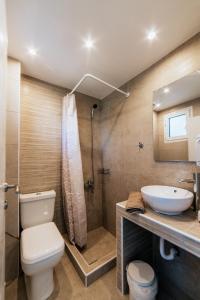 een badkamer met een toilet, een wastafel en een douche bij Cyclades Luxury Studios in Nea Potidaea