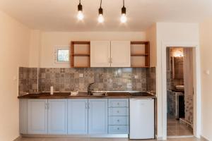 a kitchen with blue cabinets and a sink at Cyclades Luxury Studios in Nea Potidaea