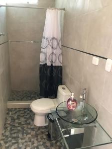 Posada Gloria في Tapay: حمام مع مرحاض وطاولة زجاجية