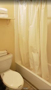 uma casa de banho com uma cortina de chuveiro branca e um WC. em BONITTO INN® Mante em El Mante