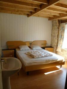 um quarto com uma cama e um lavatório em Gite Clara em Bassignac-le-Haut