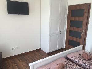 a room with a bed and a tv and a door at Penzion Šedivý in Strachotín