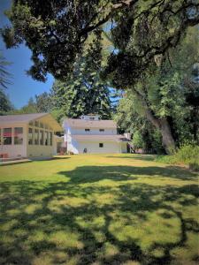 een grote tuin met een wit gebouw en een boom bij Stahlecker House Inn in Napa