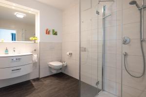 ein Badezimmer mit Toilette und Glasdusche in der Unterkunft Appartement "Karat" mit Penthouseflair - Oase am Haff in Garz