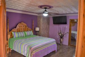 a bedroom with a bed and a purple wall at Haven View Villa & Spa in Bluefields