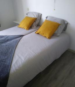 two beds with yellow pillows in a room at De Verloren Gernoare in De Panne