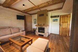 a living room with a couch and a fireplace at Chata Sosna in Spišská Nová Ves