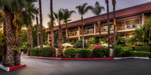 a large palm tree in front of a large building at Hotel Pepper Tree Boutique Kitchen Studios - Anaheim in Anaheim