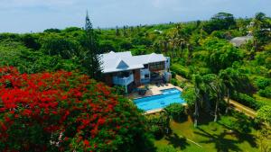 圣安德烈斯Casa de las Flores tropical的带游泳池的房子的鸟瞰图