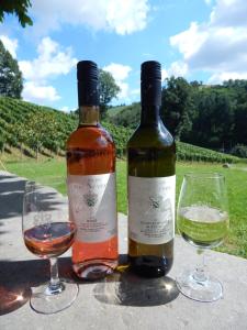 two bottles of wine and two glasses on a table at Wein Lodge Durbach - Schlossblick in Durbach