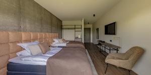 ゲイシールにあるHotel Geysirのソファと椅子付きの客室内のベッド2台