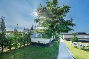 ein winziges Haus in einem Garten mit einem Baum in der Unterkunft Domki u Beaty in Rewal