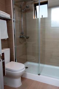 a bathroom with a toilet and a glass shower at Hotel Mejillones in Mejillones