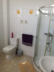 a bathroom with a shower and a toilet and a sink at Albergue Por Fin in Fisterra