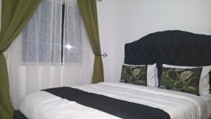 盧薩卡的住宿－Ibex Heights，一间卧室配有床和带窗帘的窗户