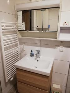 bagno con lavandino e specchio di Wohnung a Pöttsching