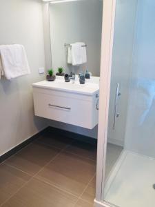 a bathroom with a white sink and a shower at Stunning Brand New Executive Home in Hastings