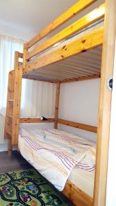 a bunk bed with a wooden bunk bed frame at Hamburg/Berlin Hamburg App. 106 in Großenbrode