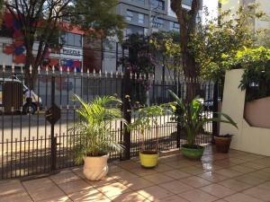 a fence with potted plants in front of a street at Orion Hostel Congonhas in Sao Paulo