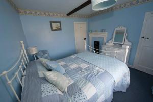 a blue bedroom with a bed and a mirror at Delphinium Cottage in Holt