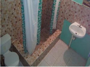 a bathroom with a sink and a toilet at Reggae Moon Guesthouse in Falmouth