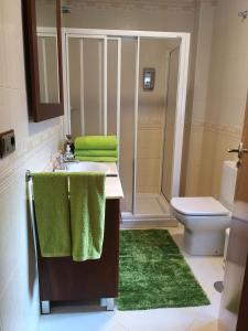 a bathroom with a sink and a shower with green towels at casa salvante in Moaña