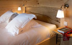 a bed that has a lamp on top of it at Les Cabanes Dans Les Bois in Villedubert