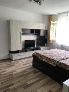 a bedroom with a bed and a large entertainment center at Apartament Untold in Turda