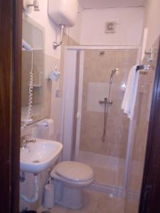 a bathroom with a shower and a toilet and a sink at Hotel Torino in Brindisi