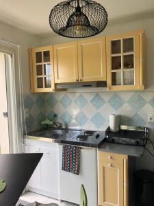 a kitchen with wooden cabinets and a sink at Gîte les Randonneurs in Fontenay-le-Comte