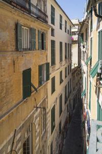 an alley between two buildings with green shutters at Design in Genoa City Center by Wonderful Italy in Genova